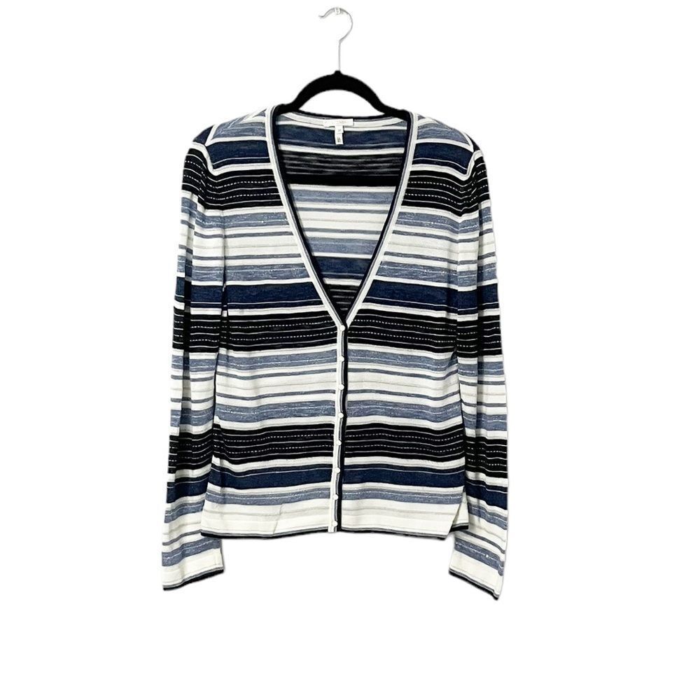 Escada Blue Black White Light Gray Rhinestone Striped Button Down Cardigan Sz 38